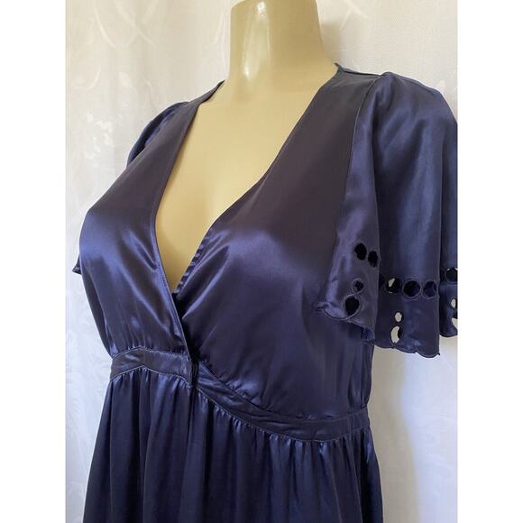 See By Chloe Silk Dress Satin Blue Navy V Neck Short Flutter Sleeve Eyel… - Picture 5 of 9